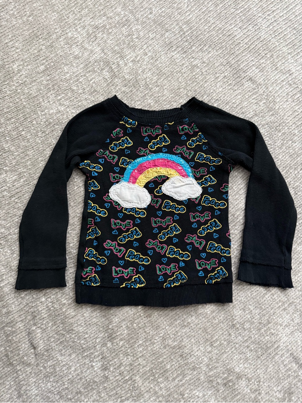 Haven Girl Rainbow‎ Love Peace Thermal Top Size 6 Black Waffle Knit